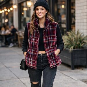 LOFT Quilted Velvet Puffer Vest- Purple Jewel Tone Plaid Dopamine Layer Women LG